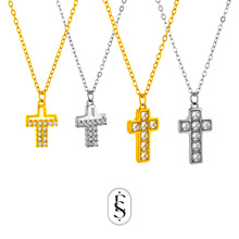 跨境新品时尚百搭镶钻十字架不锈钢项链女欧美轻奢钛钢材质锁骨链