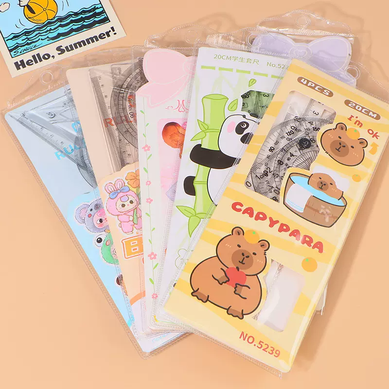 卡皮巴拉熊猫套尺可爱卡通直尺小学生文具20cm长尺圆规三角尺画图