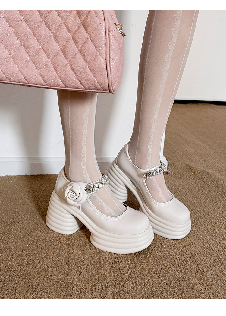 Giày sandal cao gót nữ quai ngang đế dày gót 9 cm đính hoa pha lê — màu đen, màu hồng, màu trắng ngà chi tiết 18