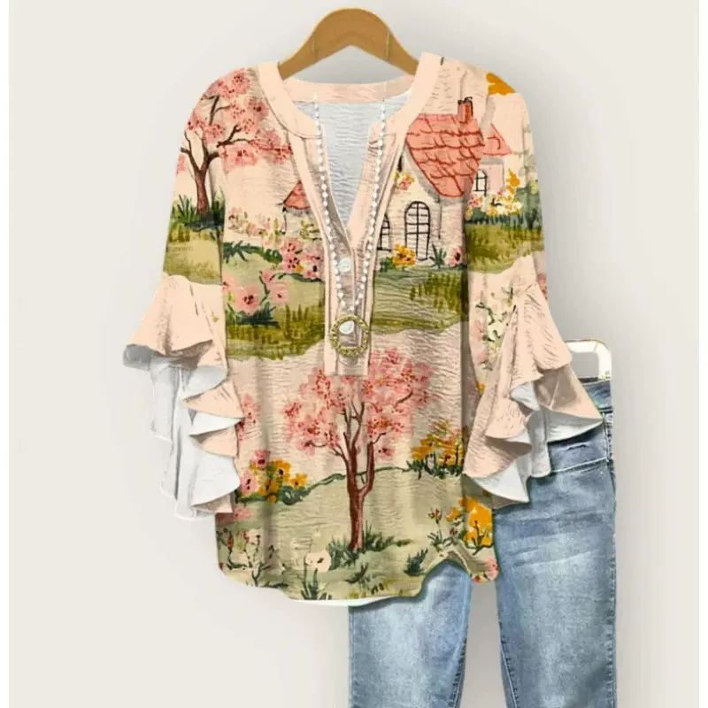 2025跨境新品创意花卉元素3D数码印花休闲潮流V领荷花边T恤女上衣