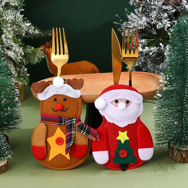 Weihnachtsdekorationen Weihnachtstischdekorationen Geschirrset Weihnachtsmann Schneemann Messer- und Gabelset Messer- und Gabelverschluss Weinflaschenset_voghion.com