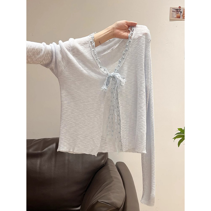 V-neck lace knitted cardigan women's summer thin long sleeve ice silk sunscreen blouse slimming short top