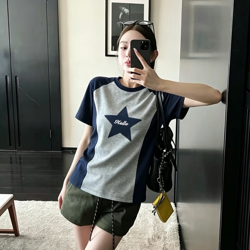 Ss528-168 Korean Purchasing Agent | 90-Day Tencel Lyocell American-Style Color-Blocked Short-Sleeved T-Shirt Ss528-168 Korean Purchasing Agent | 90-Day Tencel Lyocell American-Style Color-Blocked Short-Sleeved T-Shirt