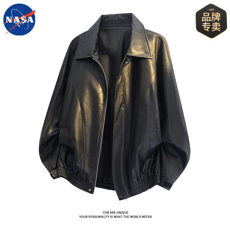 Nasa Brand Autum New High-End Black Leather Jacket Men's Handsome and Versatile High-Quality Lapel Jacket