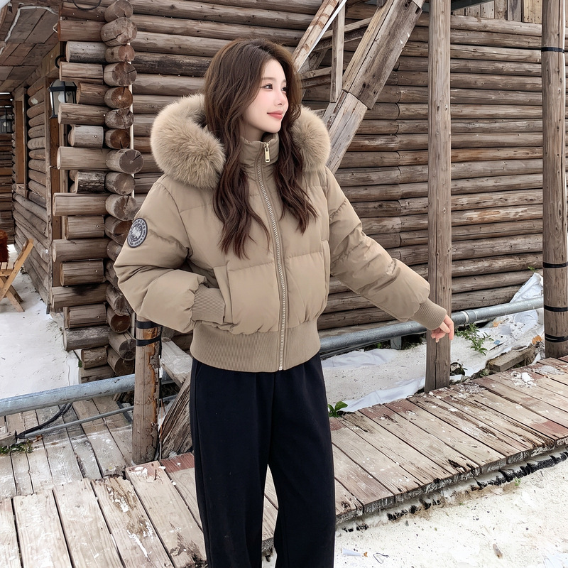 Fleece-lined winter 2026 slim-fit new style hooded cotton coat with large fur collar, waist-cinching, thickened short cotton jacket for women Fleece-lined winter 2026 slim-fit new style hooded cotton coat with large fur collar, waist-cinching, thickened short cotton jacket for women
