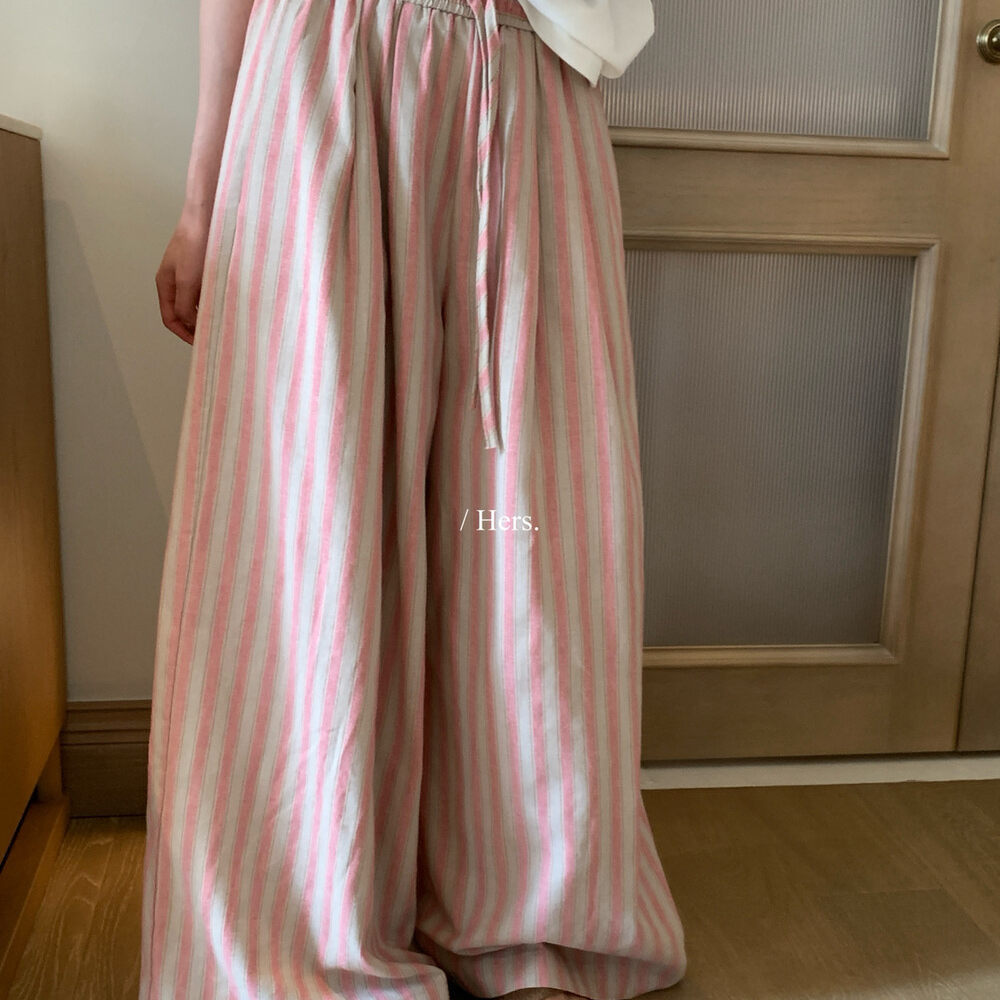 Quần culottes nữ ống rộng cạp cao sọc kẻ dáng dài suông rộng phong cách thư giãn — màu hồng