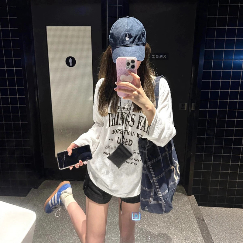 Plus-size American-style unique long-sleeve t-shirt for women, spring and autumn, pure cotton, loose, casual, extra-large size, base shirt top