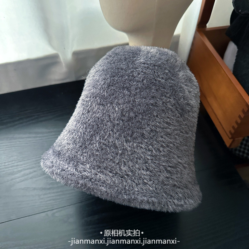 韩系纯色毛绒素颜渔夫帽子女秋冬氛围感百搭盆帽大头围保暖水桶帽|undefined