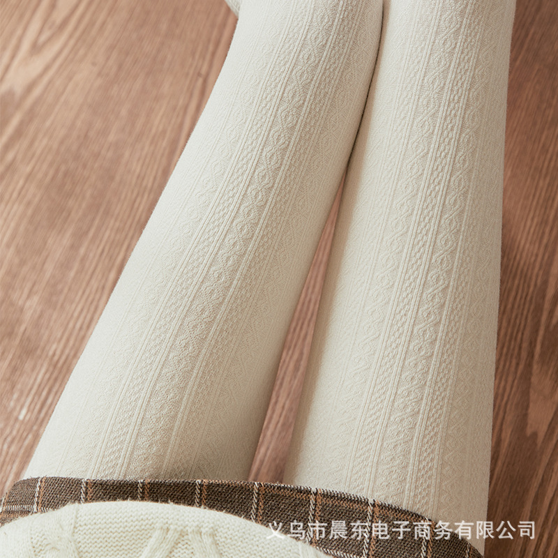 Japanese Knitted Twist Leggings Women's Spring and Autumn Striped Rice White Grey Curry Color Pantyhose Foot Thin Velvet Pantyhose Thin