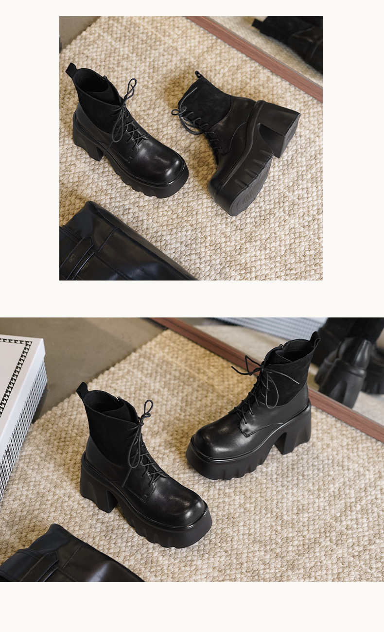 Boot nữ cổ thấp gót dày 10cm da bò chống nước, dây kéo phối dây buộc — Lớp lót nhung đen, Lớp lót đơn màu đen chi tiết 6