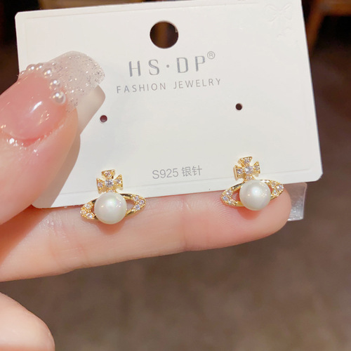 s925 silver needle micro-paved zircon pearl Saturn earrings exquisite small simple earrings temperament light luxury versatile earrings