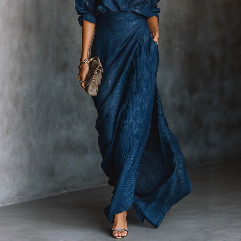 2025 Independent Station European and American Women's Clothing Autum Elegant Elegant Sexy Pure Color Asymmetrical Pleated Dress with Belt 2025 Independent Station European and American Women's Clothing Autum Elegant Elegant Sexy Pure Color Asymmetrical Pleated Dress with Belt