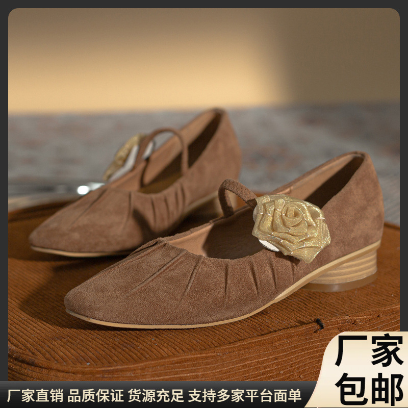 Chinoiserie Flower Pleated Flats Square Toe Shallow Mouth Retro 2025 Spring and Summer Suede Mary Jane Women's Shoes Maillard