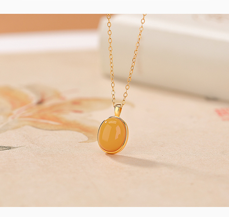Mặt dây chuyền bạc S925 mạ vàng hình oval đính đá mã não đỏ phong cách tối giản — Mã não đỏ (mặt dây chuyền đơn) chi tiết 4