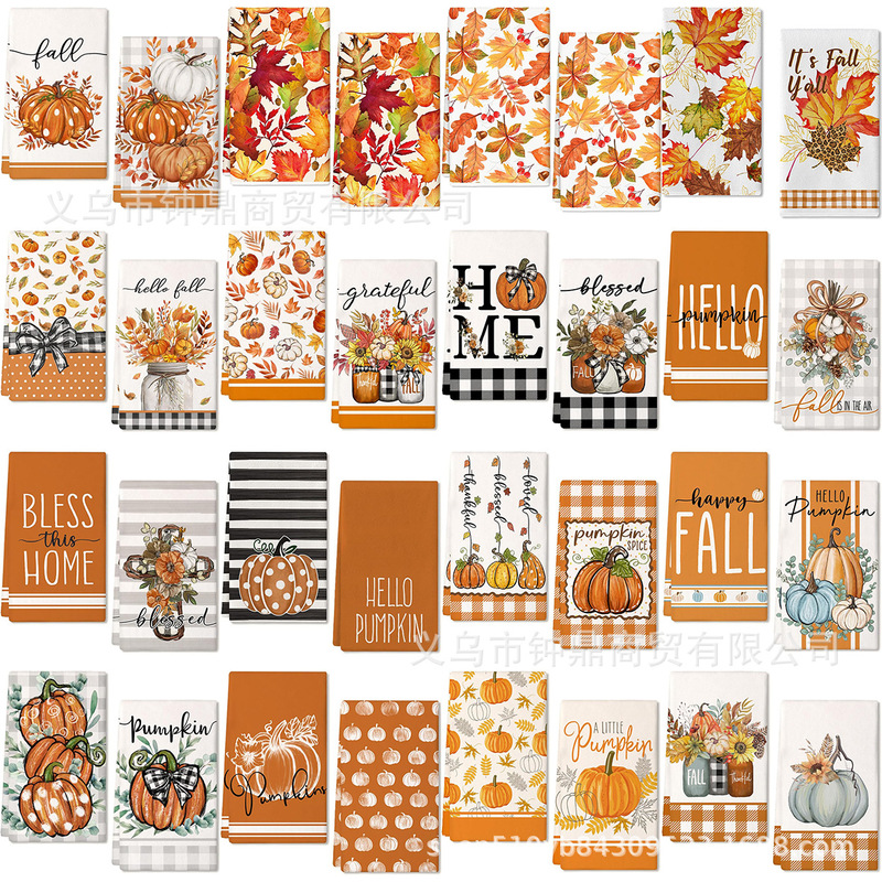 2026 Temu Popular Autumn Dish Towel with Pumpkin, Maple Leaf, and Floral Patterns, American-Style Autumn Kitchen Towel Dish Towel