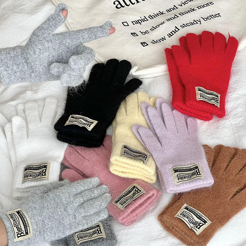 Guantes de invierno caliente estilo coreano de color sólido versátil guantes de lana de punto para mujeres a prueba de viento pantalla táctil guantes de dedos al por mayor
