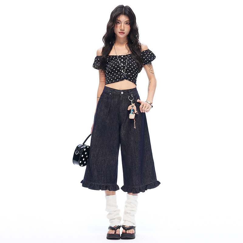 American-Style Dark Blue Straight-Leg Denim Shorts for Women, New Summer Design, Niche Loose-Fitting Drapey Wide-Leg Cropped Pants