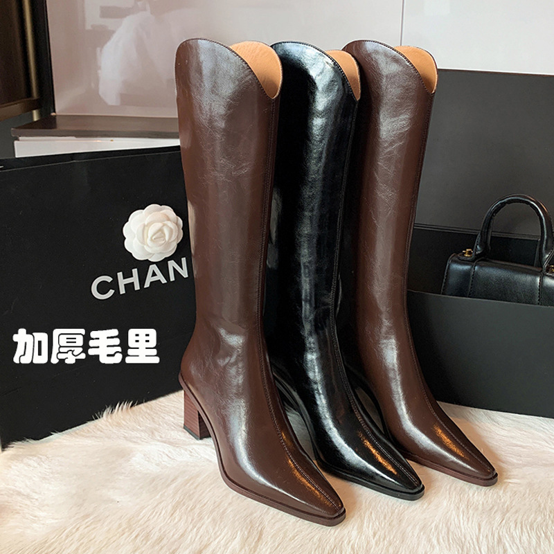 Yingmeier 2023 Winter Thickened Two-Cotton High Boots Full Cowhide Thick High Heel V-Mouth Long Boots Knight Boots Rear Zipper Yingmeier 2023 Winter Thickened Two-Cotton High Boots Full Cowhide Thick High Heel V-Mouth Long Boots Knight Boots Rear Zipper