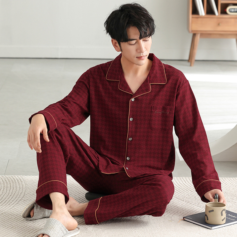 빨간 잠옷 연못 남자 순면 가을 2025 새로운 모든 면 긴 소매 플러스 사이즈 남자 가을 겨울 홈 옷