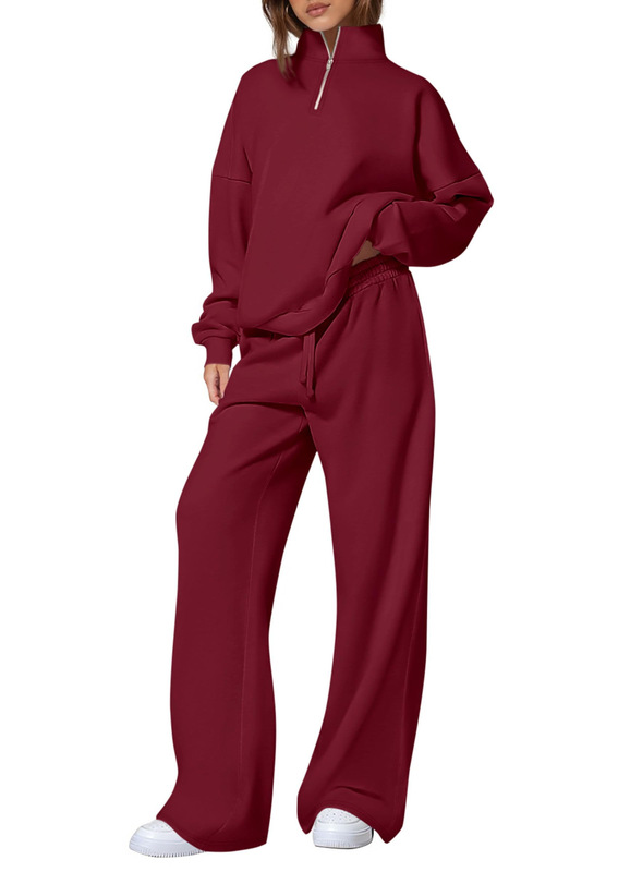 独立站女式休闲两件套2025秋冬季半拉链运动衫直筒裤运动服旅行套|undefined