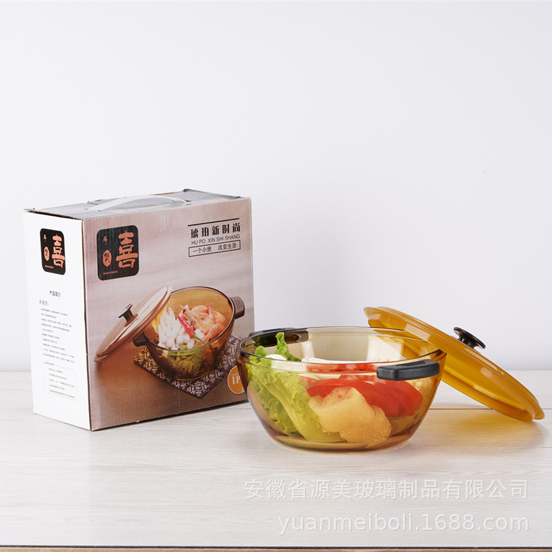 Tazón de vidrio Tazón de fideos instantáneos para el hogar de color marrón con tapa Olla de sopa de gran capacidad Espesar Juego de tazón de sopa de doble oreja para el hogar