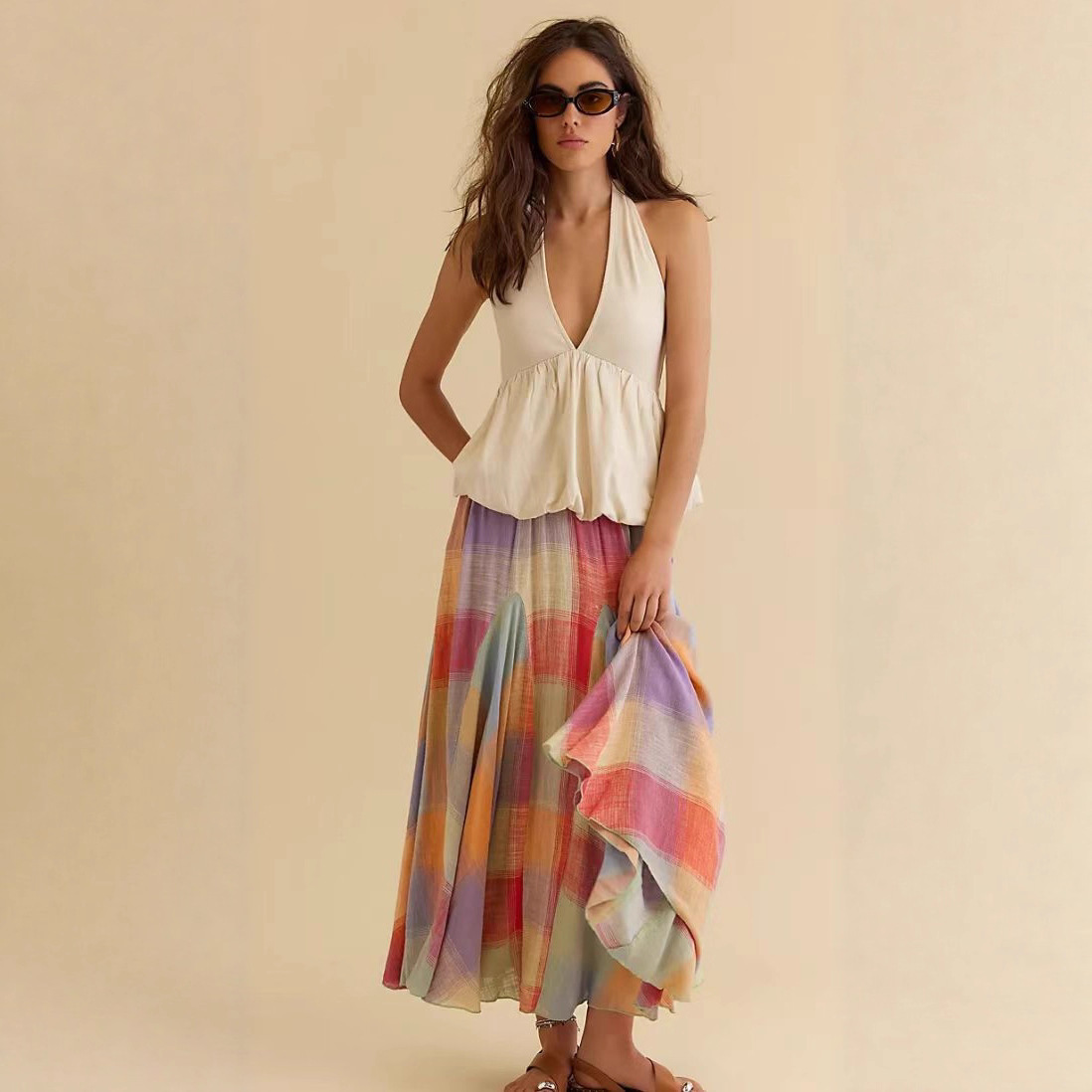 2025 Amazon European and American New Style Mori Style Summer Elastic Waist Pleated Mid-Length Colorful Plaid Skirt