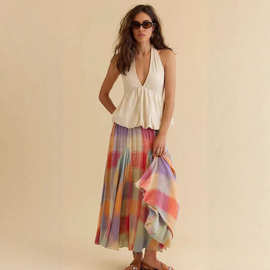 2025亚马逊欧美新款森系穿搭夏季松紧腰褶皱中长彩色格子半身裙