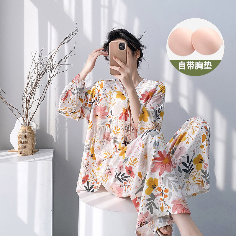 棉绸睡衣女春秋款长袖大码长裤套装带胸垫网红高级感印花家居服夏