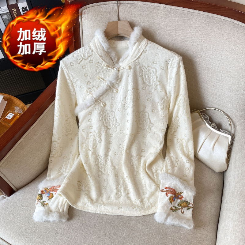 新中式国风刺绣上衣内搭女装秋冬季新款长袖打底小衫加绒白色衬衫