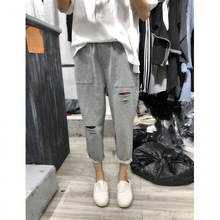 胖mm破洞休闲裤女宽松200斤大码夏季直筒运动裤遮胯显瘦哈伦裤子