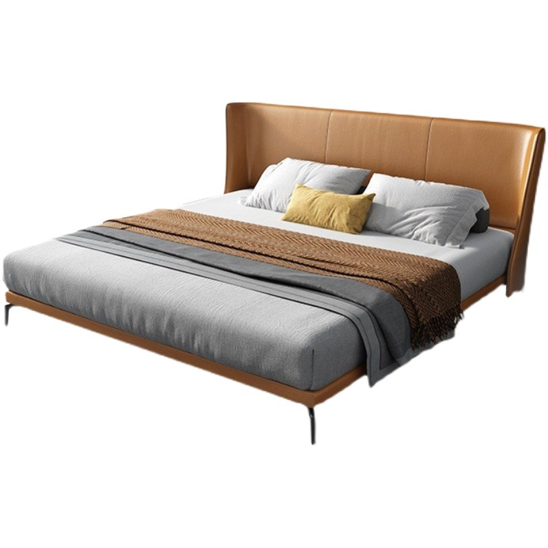 Cama de cuero real minimalista italiano moderno dormitorio principal minimalista cama naranja de gama alta elegante diseñador cama doble cama de boda