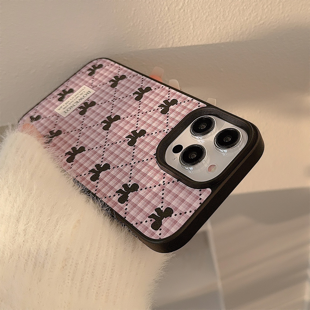Funda para teléfono con diseño de cuadros y lazo estilo coreano para iPhone 16, 17 Pro Max, estilo dulce para iPhone 11, adecuada para iPhone 15, de cuero para iPhone 13, para invierno.