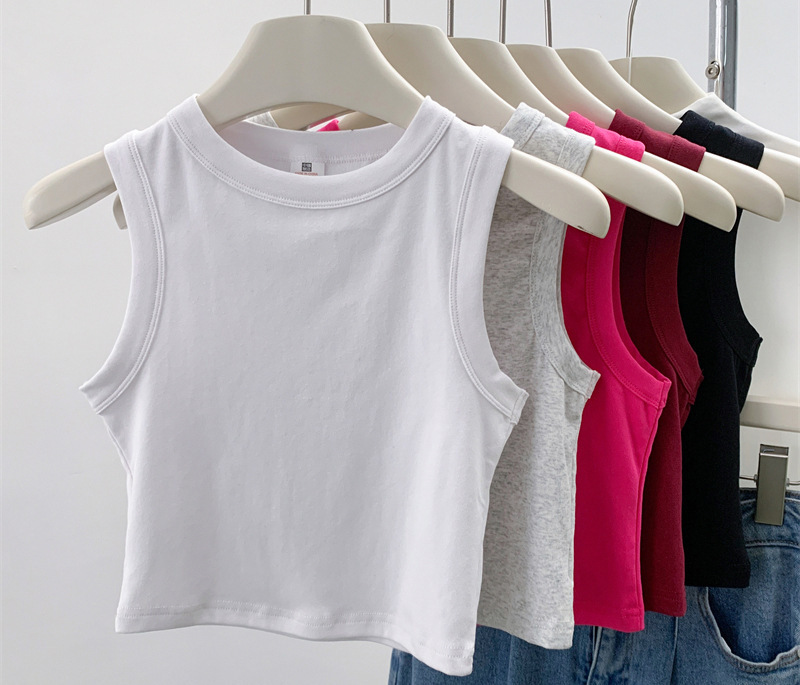 210g O'Dell Cotton Summer Pure Color Basic Wide Shoulder Strap Versatile Slim Short Sleeveless Vest T-Shirt for Women