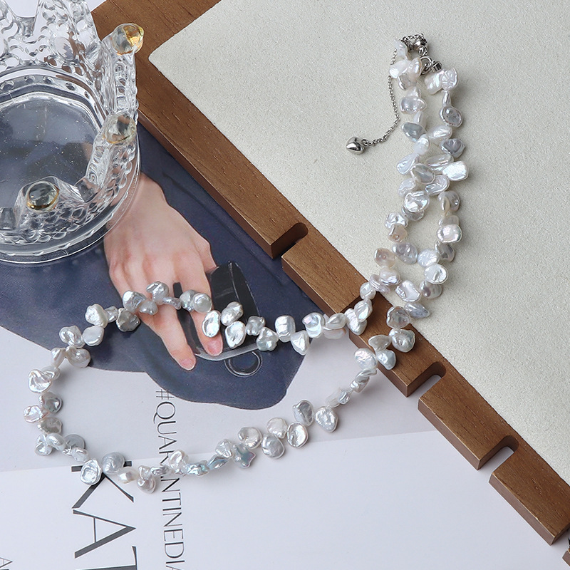 小花瓣珍珠項鍊天然淡水異形巴洛克三七孔再生珠無核通體純銀扣