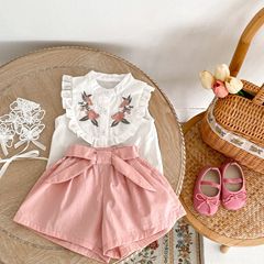 Summer 2023 Baby and Toddler Set for Girls and Boys: Embroidered Stand Collar Sleeveless Top + Wide Leg Short Pants Two-Piece Set