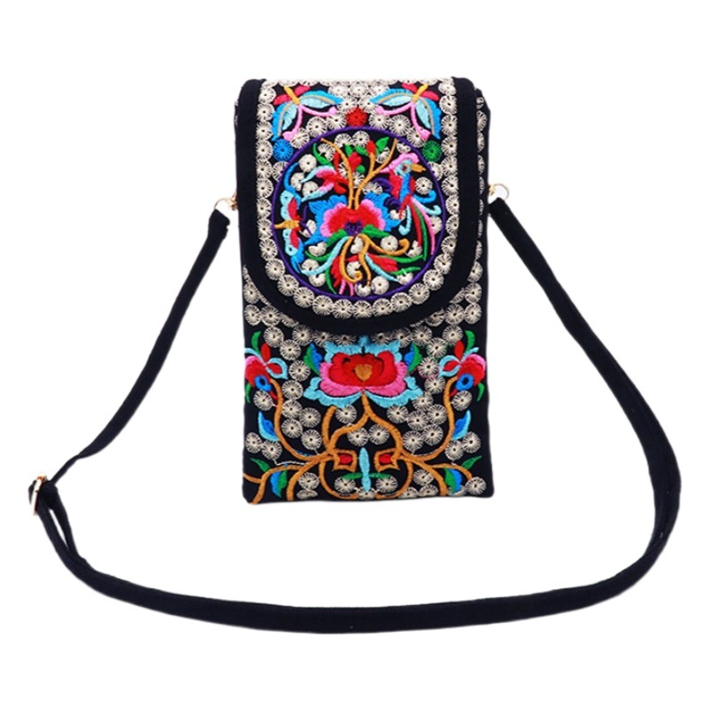 New Ethnic Style Embroidered Bag Women's Mobile Phone Bag Flip Canvas Crossbody Bag Double Layer Mobile Phone Bag Coin Purse