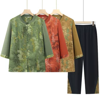 中年妈妈夏装t恤国风上衣服2024新款洋气中老年女装小衫套装衣服