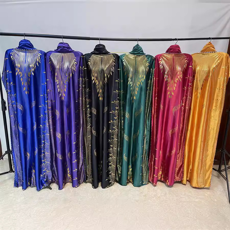 AH2401 #   New style robe with gold-embossed one-line collar, casual headscarf, plus-size loose shiny fabric long dress