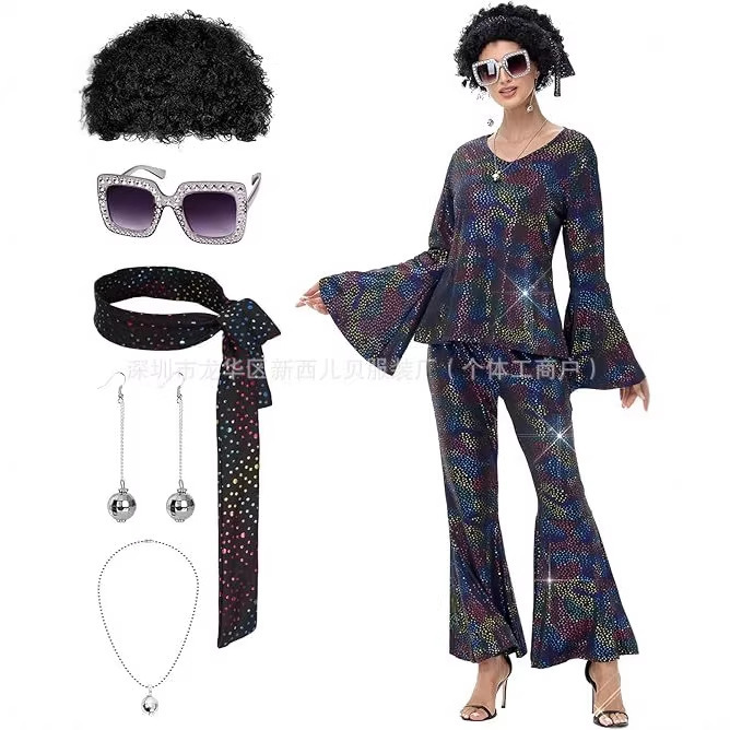 Halloween 2026 Amazon 70S Disco Costume V-Neck Printed Flared Sleeve Long Sleeve Long Pants Set for Women Halloween 2026 Amazon 70S Disco Costume V-Neck Printed Flared Sleeve Long Sleeve Long Pants Set for Women