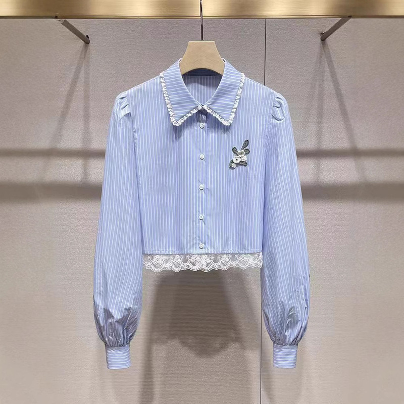 Girls' Lace-Trimmed Patchwork Shirt, New Spring Style Embroidered Daisy College-Style Striped Shirt, Cropped Top