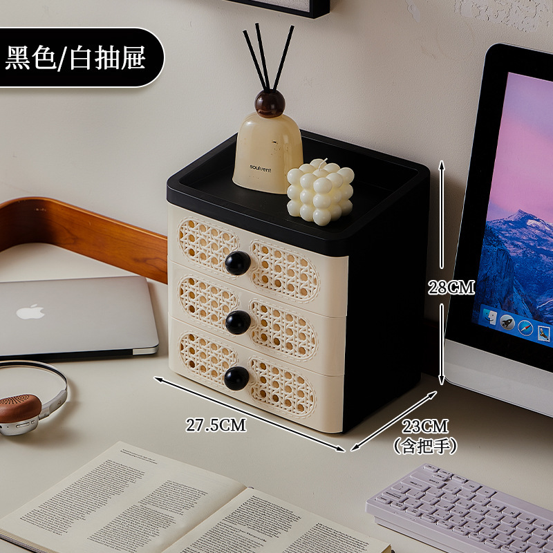 学生桌面收纳盒中古复古藤编风玄关入户门摆件客厅多层抽屉置物架|undefined