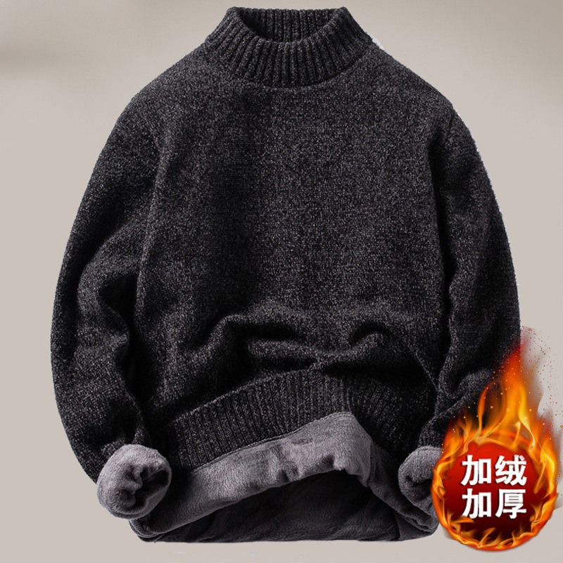 Men's Sweater 2025 New Half-High Collar Thickened Fleece Korean Style Solid Color Base Knit Pullover Jacket
