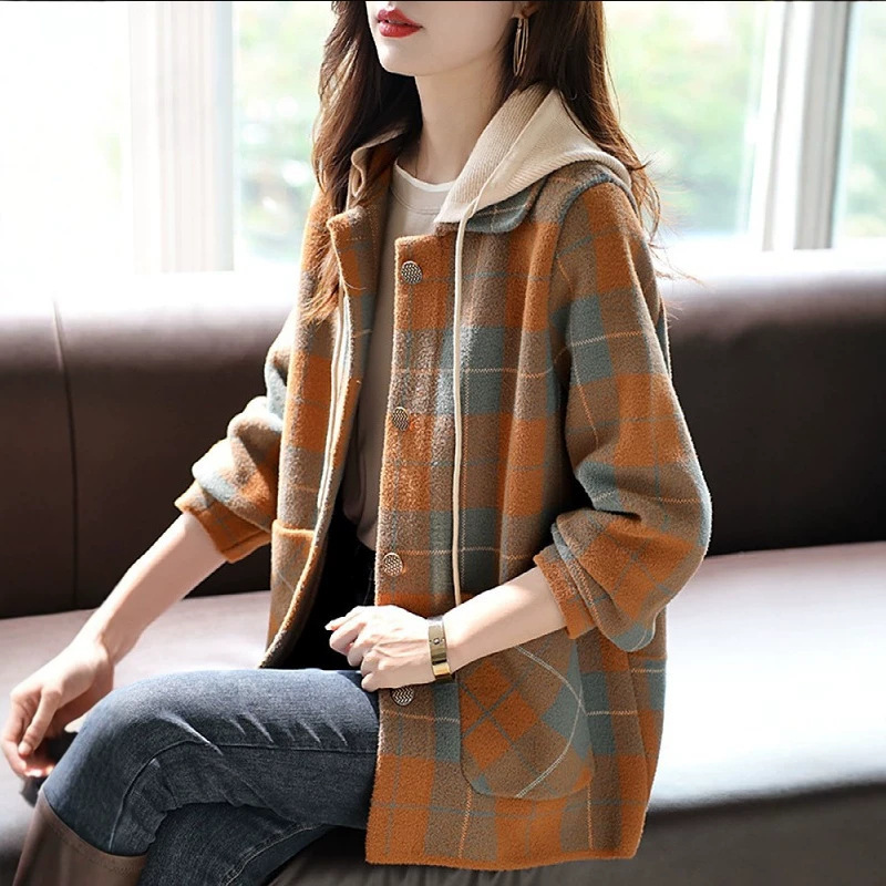 Hooded Plaid Mid-Length Autumn and Winter Coat with Pockets, 2026 New Fashion Stylish Korean-Style Woolen Mid-Length Jacket Hooded Plaid Mid-Length Autumn and Winter Coat with Pockets, 2026 New Fashion Stylish Korean-Style Woolen Mid-Length Jacket