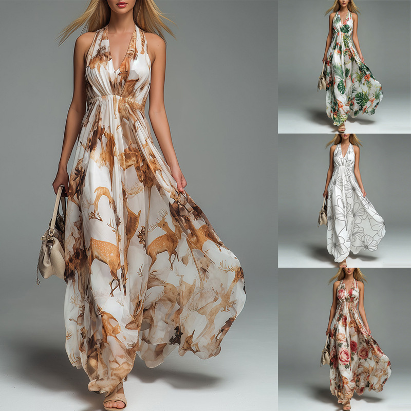 2026 New Cross-Border Women's Fashion European and American Amazon Independent Site V-Neck Halter Print Casual Long Dress 2026 New Cross-Border Women's Fashion European and American Amazon Independent Site V-Neck Halter Print Casual Long Dress