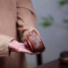 宜兴紫砂杯精品泥绘高端主人杯雪松杯大红袍泡茶杯品茗杯功夫茶具