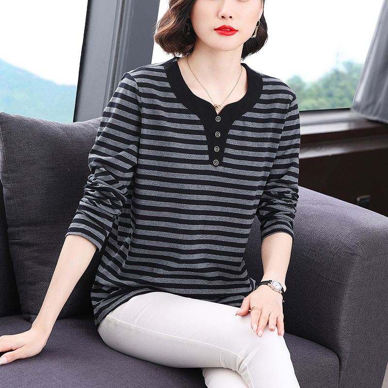Middle-Aged Mother T-Shirt Long-Sleeved Women's Autumn Pure Cotton Loose Large Size Horizontal Stripesd Top Women's Spring Cross-Border Wholesale