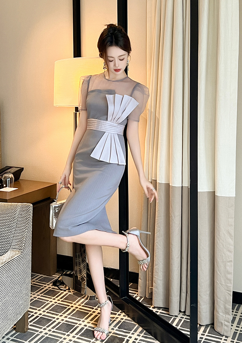Váy ngắn tay ôm body thiết kế kiểu Pháp thắt nơ — Màu xám chi tiết 9
