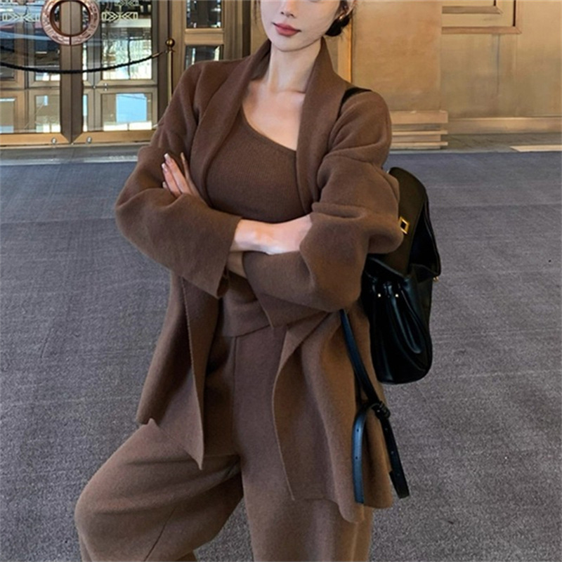 秋冬新款设计感简约针织衫套装女跨境不规则背心毛衣阔腿裤三件套|undefined