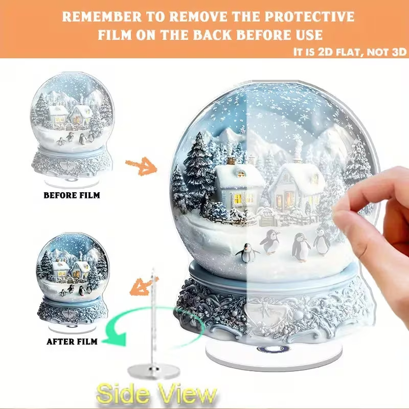 Impresión plana transfronteriza 2D plana 360 giratoria vista de nieve pingüino cabina accesorios de escritorio festivales interiores al aire libre