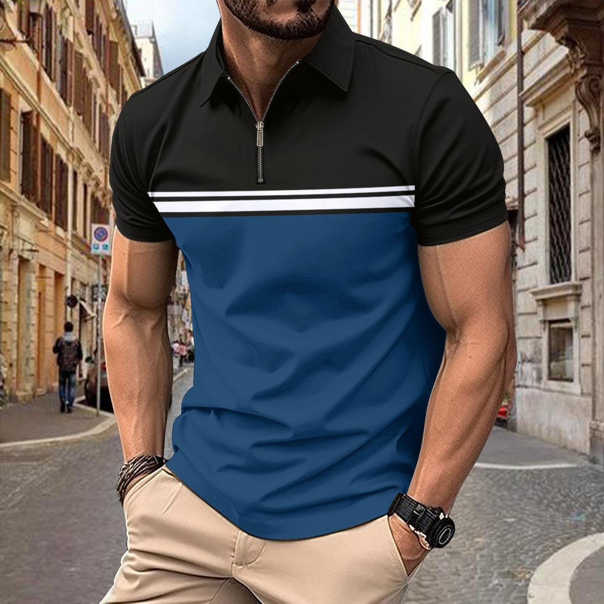Sommer Neues Herren Kurzarm Fashion Kontrastfarbe Reißverschluss Poloshirt_voghion.com